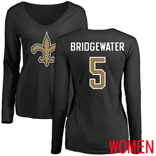 New Orleans Saints Black Women Teddy Bridgewater Name and Number Logo Slim Fit NFL Football #5 Long Sleeve T Shirt